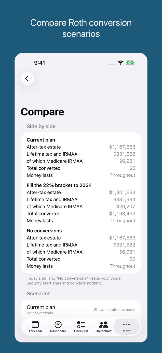 iPhone screen: Compare Roth conversion scenarios