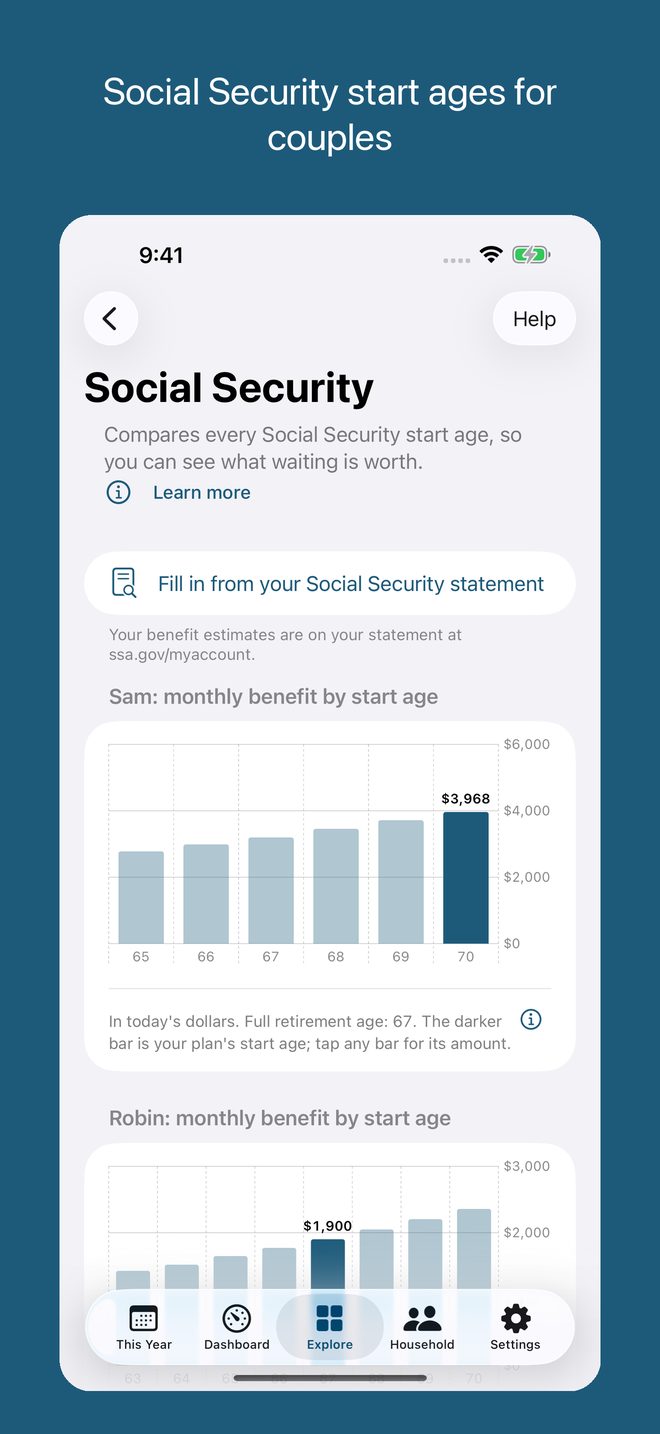 iPhone Social Security screen: monthly benefit by start age from 65 to 70 for each spouse, with the plan's start age highlighted