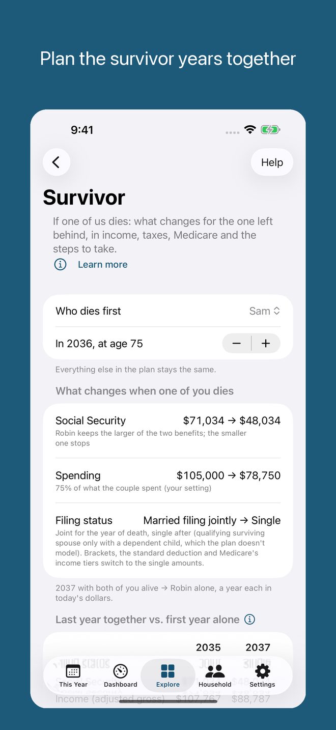 iPhone Survivor screen: choose who dies first and the year, then see what changes for the survivor in Social Security, spending and filing status